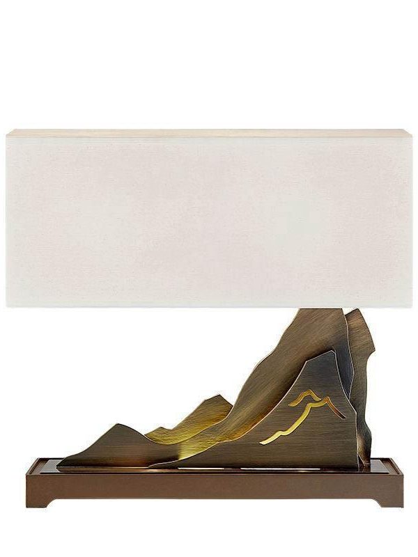 EPTL8484 Modern Oriental Table Lamp with Mountain Iron Base | Chinese Zen Style Rectangular Fabric Shade Desk Light