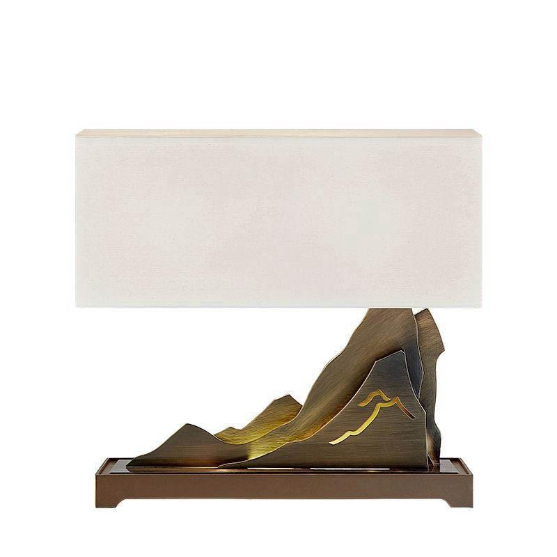 EPTL8484 Modern Oriental Table Lamp with Mountain Iron Base | Chinese Zen Style Rectangular Fabric Shade Desk Light