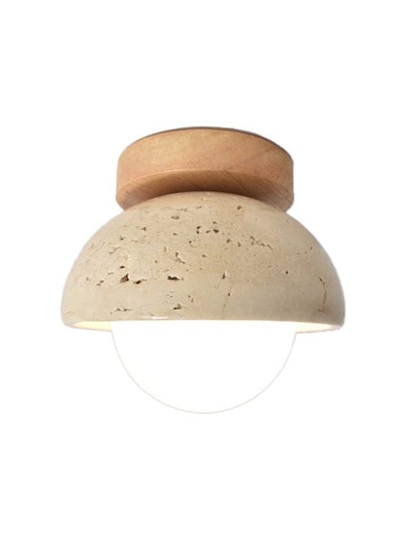 EPCL9074 Stone Texture Dome Ceiling Light | Wabi-Sabi Minimalist Semi-Flush Light | Wood Top in Dark or Light Finish