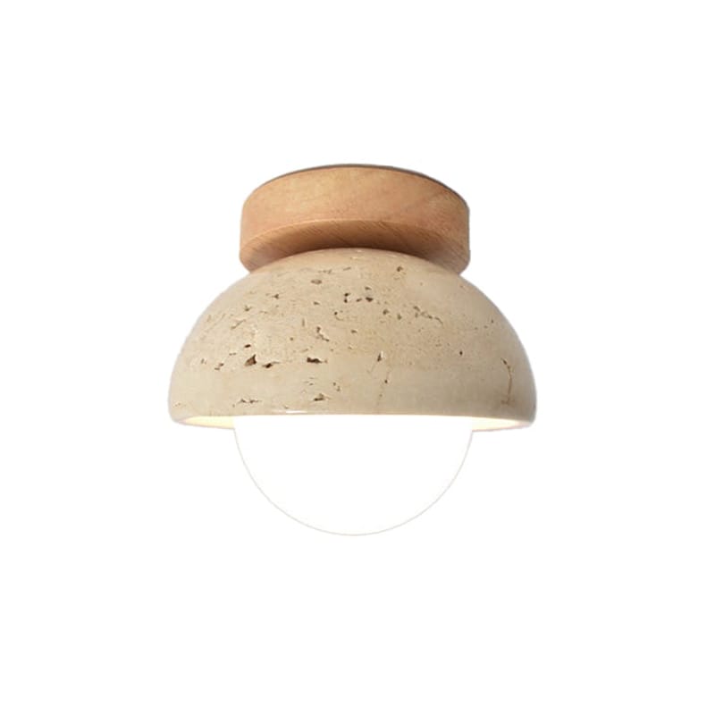 EPCL9074 Stone Texture Dome Ceiling Light | Wabi-Sabi Minimalist Semi-Flush Light | Wood Top in Dark or Light Finish
