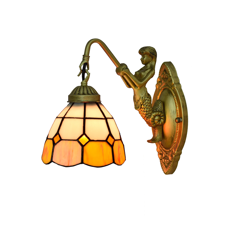 EPWL9025 Vintage Iron Stained Glass Mermaid Lamp Led Sconce Bracket Indoor Lights Bathroom Art Design