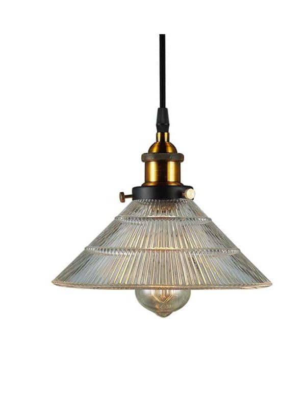 EPPL9083 Vintage Ribbed Glass Pendant Light, Retro Industrial Cone Shade Hanging Lamp for Kitchen Island & Dining Room