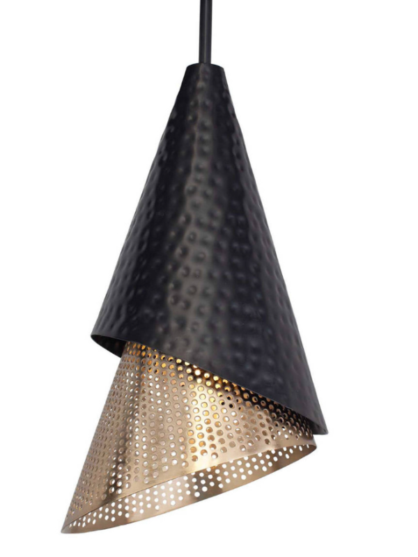 EPPL9042 Modern Black & Gold Layered Cone Pendant Light Double-Layer Metal Shade with Perforated Design for Dining & Living Spaces