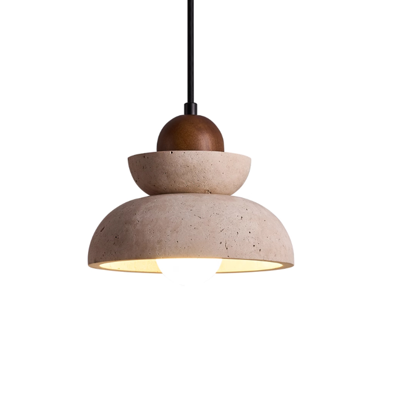 EPPL9136 Travertine Stacked Pendant Light | Wabi-Sabi Natural Stone Hanging Lamp with Wooden Top