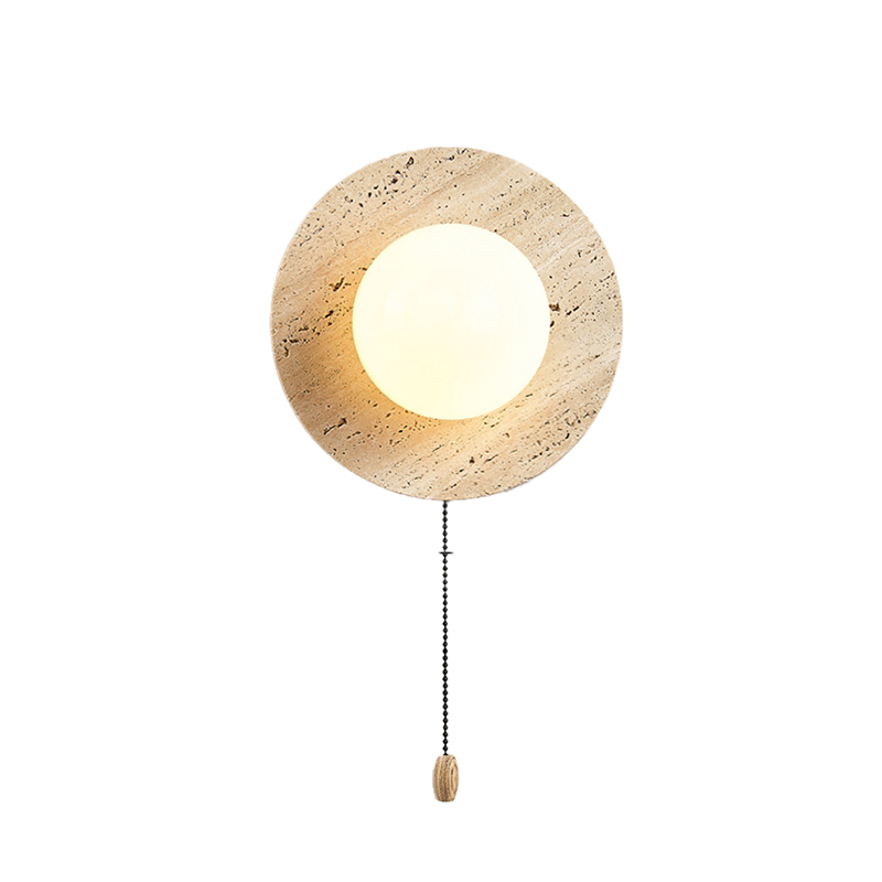 EPWL9083 Wabi-Sabi Pull Chain Wall Lamp | E14 Round Stone Texture Wall Light | Minimalist Japanese Style Bedside Sconce