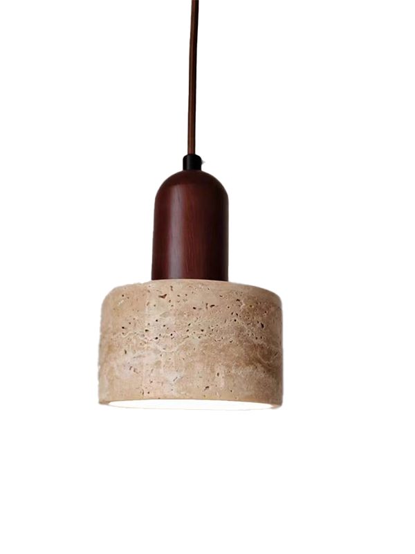 EPPL9107 Natural Travertine Pendant Light | Wabi-Sabi Stone & Wood Hanging Lamp for Home Decor