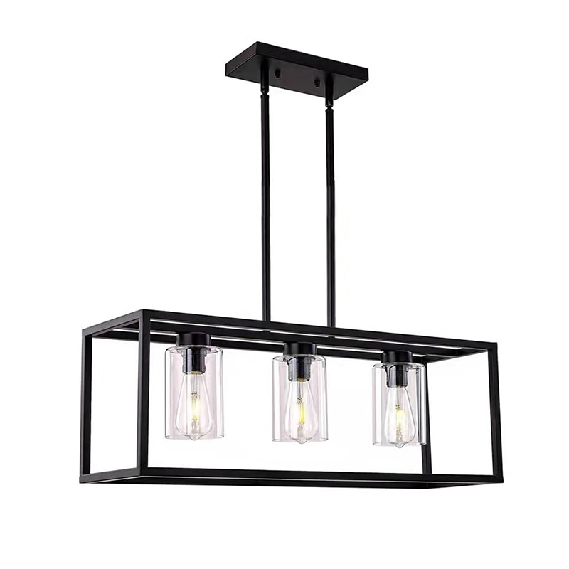 EPPL0316Modern Industrial Linear Rectangular Pendant Light Black Metal Chandelier with Clear Glass Shades