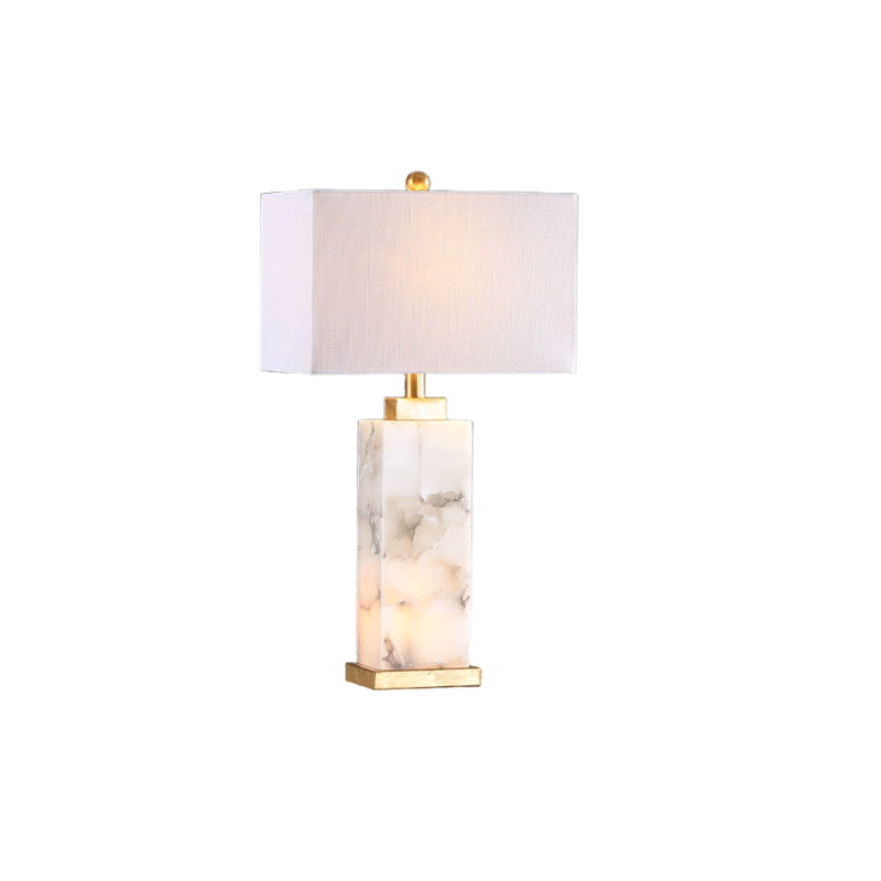 EPTL0786Luxury Alabaster Table Lamp Square Base Brass Fabric Shade Bedside Lighting